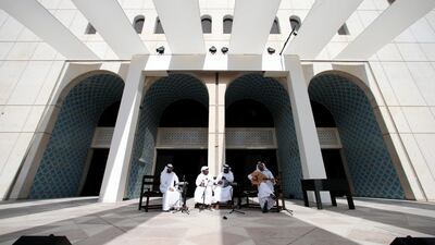 Musican Khalid Mohamed, right, performs at the Cultural Foundation building amphitheatre during the media preview of the Qasr Al Hosn festival in Abu Dhabi on February 8, 2015. Christopher Pike / The National