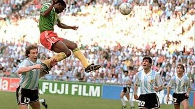 Francois Omam-Biyick leaps high to head Cameroon's winning goal in their memorable 1-0 victory over Argentina, the then holders, at the opening game of the World Cup finals in 1990.
