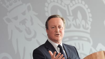 Foreign Secretary David Cameron delivers a speech at the National Cyber Security Centre in London. He stated that Britain would continue to send arms to Israel unless a red line was crossed. Getty