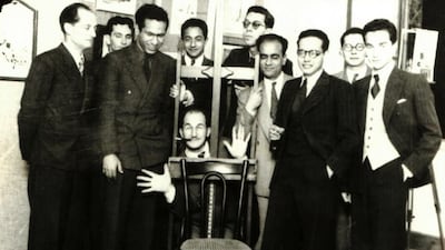 The Art and Freedom Group in 1941. Front, from left: Jean Moscatelli, Kamel El Telmissany, Angelo de Riz, Ramses Younan and Fouad Kamel. Back, from left: Albert Cossery, Maurice Fahmy, Georges Henein, unidentified and Raoul Curiel. Courtesy Younan family archives.