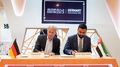 Frankfurt International Book Fair chief executive Juergen Boos signs agreement with Saif Ghobash, undersecretary of DCT Abu Dhabi, for Germany to appear at the 2021 Abu Dhabi International Book Fair as guest of honour. The signing took place in Frankfurt, Germany on Thursday, October 17, 2019. Courtesy Department of Culture and Tourism Abu Dhabi