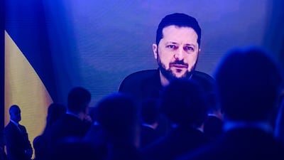 Ukrainian President Volodymyr Zelenskyy addresses the Warsaw Security Forum through video. Getty Images