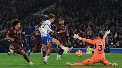 Brighton's Matt O'Riley scores the second goal against Manchester City. Reuters