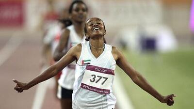 Alia Mohammed Saeed wins the 5,000m final at the Arab Games in Doha in December.