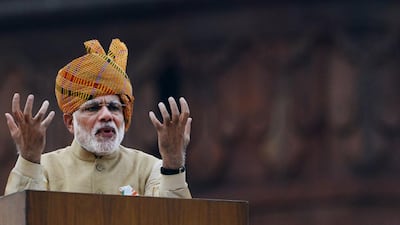 Indian Prime Minister Narendra Modi delivering his Independence Day speech from The Red Fort in New Delhi. Roberto Schmidt / AFP
