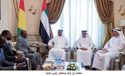 ABU DHABI, UNITED ARAB EMIRATES -August 28, 2017: HH Sheikh Mohamed bin Zayed Al Nahyan Crown Prince of Abu Dhabi Deputy Supreme Commander of the UAE Armed Forces (3rd R), meets with HE Alpha Conde President of Guinea (4th R), during a Sea Palace barza. Seen with HE Ali Mohamed Hammad Al Shamsi, Deputy Secretary-General of the UAE Supreme National Security Council (2nd R) and HE Khaldoon Khalifa Al Mubarak, CEO and Managing Director Mubadala and Chairman of the Abu Dhabi Executive Affairs Authority (EAA) (R). ( Rashed Al Mansoori / Crown Prince Court - Abu Dhabi ) ---