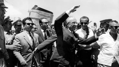 President Nazem Al Kudsi is welcomed in Latakia during a tour of the country in 1962. Photo: Presidential Library of Dr Nazem Al Kudsi