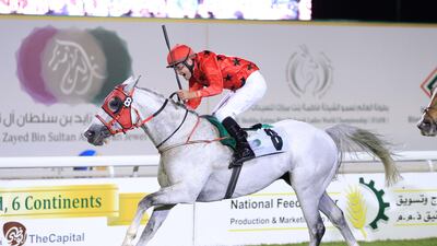 RB Burn, ridden by jockey Gerald Avranche, wins the Sheikh Zayed bin Sultan Al Nahyan Jewel Crown at Abu Dhabi Equestrian Club on November 13, 2016. Erika Rasmussen for The National