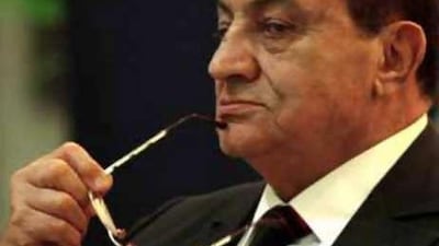 The Egyptian president Hosni Mubarak listens to proceedings before receiving The Jawaharlal Nehru Award for International Understanding at a ceremony in New Delhi on Nov 18 2008. Mr Mubarak is on a two-day visit to Abu Dhabi.