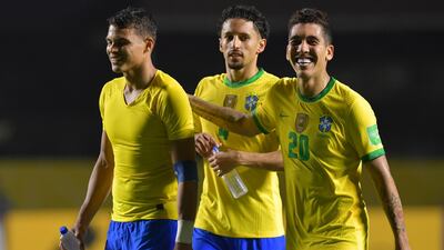 Roberto Firmino, Marquinhos and Thiago Silva of Brazil after the match. Getty