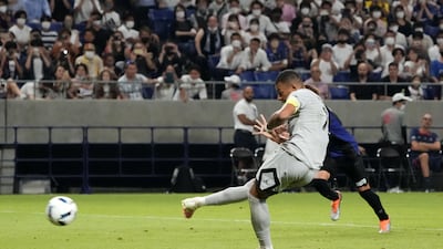 Kylian Mbappe scores Paris Saint-Germain's sixth goal from the penalty spot. Getty