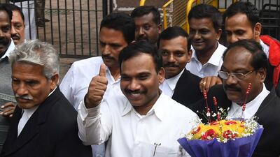 A Raja, India's former telecom minister, after he was acquitted in New Delhi in the 2G spectrum case. EPA