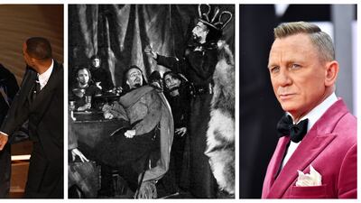 The Chris Rock slap at the Oscars, left, and Daniel Craig's virus-hit Broadway production, have both been attributed to the 'Macbeth curse'. Centre: Laurence Olivier as the treacherous general in 1937. AFP, Getty Images