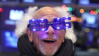 Trader Peter Tuchman wears 2026 glasses on the floor of the New York Stock Exchange. AFP