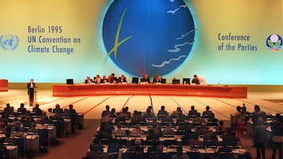 Delegates of the UN climate conference during the opening of the first COP summit in 1995. Getty Images