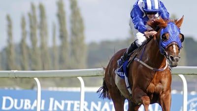 Al Hibaab and jockey Ted Durcan power their way to victory in the Dubai International Stakes during the Dubai International Arabian race day at Newbury. Steven Cargill / Racingfotos.com