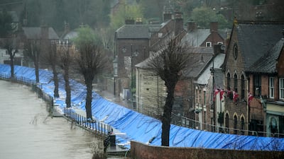 Flood defences are deployed to protect businesses and homes in Ironbridge. Getty Images