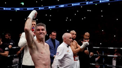 Liam Smith celebrates after beating Chris Eubank Jr by stoppage. Reuters