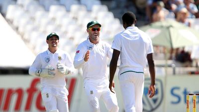 Faf du Plessis, centre, and his South Africa side had a lot to celebrate in the first Test against India and they will be looking for more of the same when the second Test starts on Saturday. Carl Fourie / Gallo Images