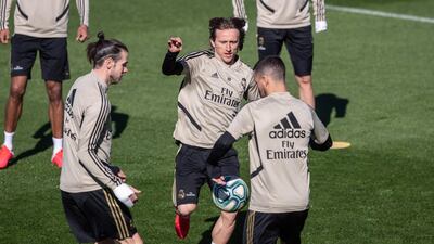 Real Madrid's Gareth Bale, Luka Modric, centre, and Eden Hazard at the Valdebebas sport city. EPA