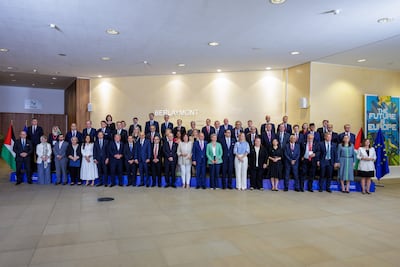 Lana Nusseibeh takes part in a Palestine Donor Group meeting in Brussels. EPA