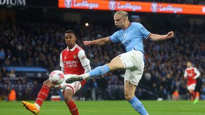City striker Erling Haaland shoots at goal in the first half. Reuters