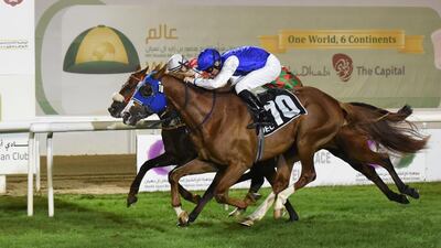 Sniper De Monlau, No 10, under jockey Patrick Cosgrave, won the Prep race for the President’s Cup for Purebred Arabians at Abu Dhabi Equestrian Club. Vidhyaa for The National