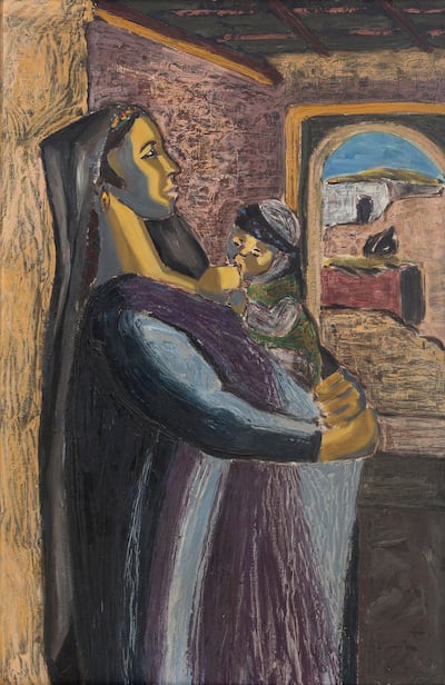 Inji Efflatoun's 'Motherhood', c.1950s, which shows a mother breastfeeding her child. Barjeel Art Foundation