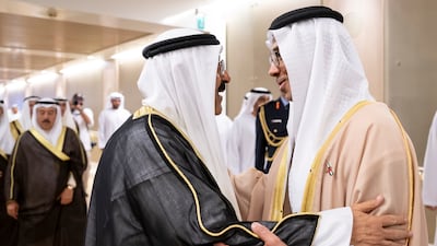 Sheikh Mansour and Sheikh Meshal at the Presidential Airport in Abu Dhabi. Mohamed Al Hammadi / UAE Presidential Court