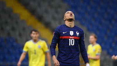 France forward Kylian Mbappe after missing a penalty in his team's 2-0 World Cup qualifying win over Kazakhstan on Sunday, March 28. AFP