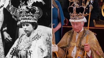 Queen Elizabeth II and King Charles III during their coronation ceremonies. Getty