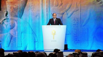 Egyptian president Abdel Fattah El Sisi is pictured speaking at the Egypt Economic Development Conference in the Red Sea resort of Sharm El Sheikh on March 13, 2015. Egyptian Presidency/Handout/AFP Photo