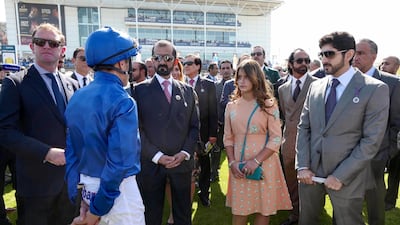Sheikh Mohammed bin Rashid, Sheikh Hamdan bin Mohammed, Crown Prince of Dubai, Sheikh Hamdan bin Rashid, Deputy Ruler of Dubai and UAE Minister of Finance, and Sheikha Al Jalila bint Mohammed attend the 2000 Guineas Stakes. Wam