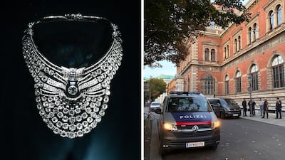 The necklace on display in 2020, left, and police at the scene outside the Museum of Applied Arts in Vienna. AFP / Getty Images
