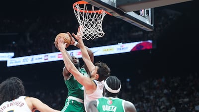 Derrick White of Boston Celtics goes for the basket during the NBA Abu Dhabi Games. Victor Besa / The National