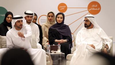 Sheikh Mohammed bin Rashid, Vice President and Ruler of Dubai, chairs a brainstorming session with his team and Sheikh Hamdan bin Mohammed, Crown Prince of Dubai. Wam