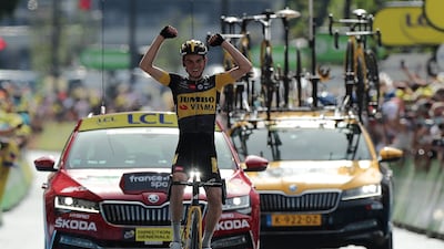 Sepp Kuss crosses the finish line to win the 191.3km-long stage from Ceret in France, to Andorra la Vella.
