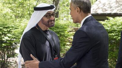 Sheikh Mohammed bin Zayed, Crown Prince of Abu Dhabi and Deputy Supreme Commander of the UAE Armed Forces, is greeted by US president Barack Obama at Camp David. Ryan Carter / Crown Prince Court - Abu Dhabi