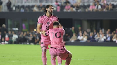 Inter Miami forward Leonardo Campana Lionel Messi to his feet. AFP
