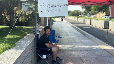 At a sit-in outside the US State Department in Washington, Darian Dalili engages in a hunger strike. Jihan Abdalla / The National