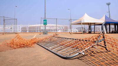 The entrance of Olembe stadium in Yaounde, Cameroon shows barriers on the ground at the scene of the stampede, on January 25. AFP