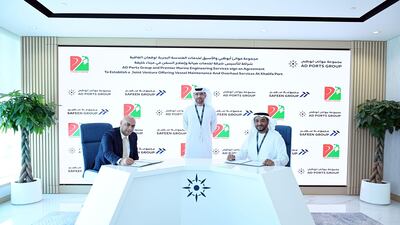 From left: Hemant Tandon, managing director of Premier Marine Engineering Services and Capt Ammar Al Shaiba, acting chief executive of the maritime cluster and Safeen Group at AD Ports Group, sign an agreement forming the Safeen Drydocks joint venture. Wam