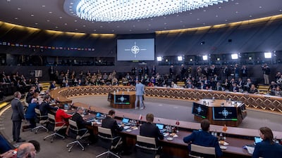 Delegates in attendance during the first day of the Nato foreign affairs ministers' meeting. Getty Images