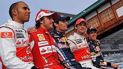 Lewis Hamilton, Fernando Alonso, Mark Webber, Jenson Button and Sebastian Vettel, the five drivers in contention for the world championship, posed together yesterday in South Korea.