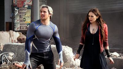 Aaron Taylor-Johnson as Quicksilver, left, and Elizabeth Olsen as Scarlet Witch in Avengers: Age of Ultron. Disney / Marvel