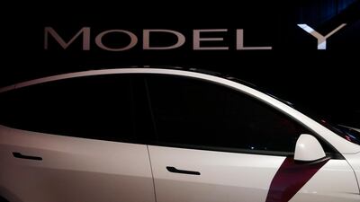 Tesla's Model Y is displayed at Tesla's design studio. AP Photo