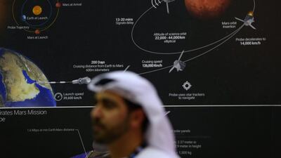 A space mission to Mars map sits on the wall of the UAE Space Agency exhibition stand at the Dubai Air Show. Jasper Juinen / Bloomberg