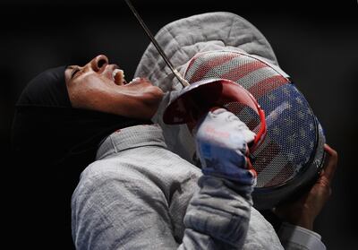 Ibtihaj Muhammad of the United States reacts against Sofya Velikaya of Russia during the Women's Sabre Team Semifinal 1 Russia vs United States at Carioca Arena 3 on August 13, 2016 in Rio de Janeiro, Brazil. Photo / Getty