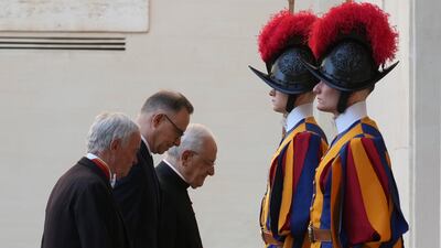 Poland's President Andrzej Duda arrives at the St Damasus courtyard on his way to a private meeting with Pope Leo XIV, at The Vatican. AP