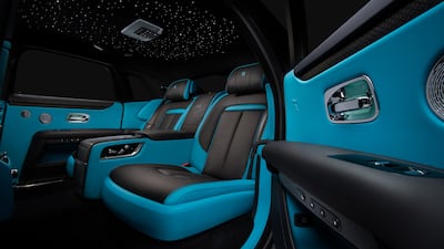 The black-and-blue interior of the car.